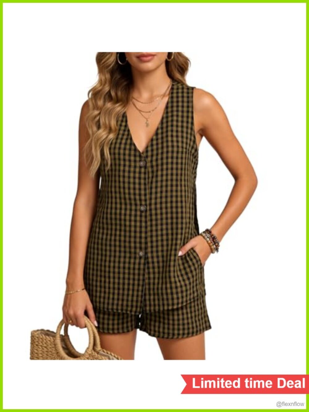 Plaid 2 Piece Short Set Sleeveless V-Neck Gingham Vest & Shorts Women's